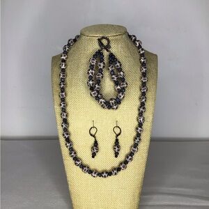 Elegant African Tribal Black, Blue, & White Necklace, Bracelet, & Earring Set